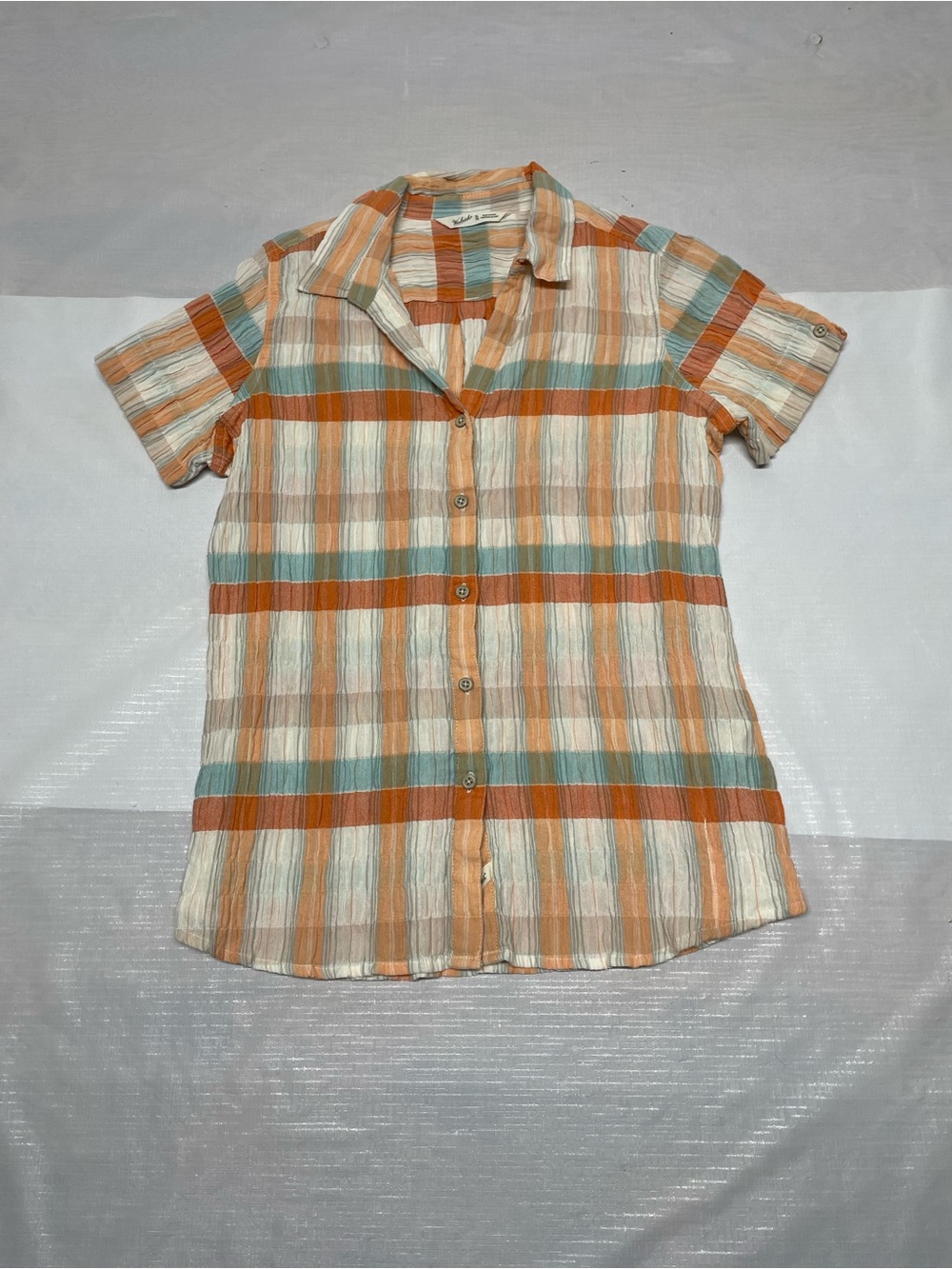 Woolrich Short Sleeve Button-Down Plaid Shirt in Cream, Orange, Teal Sz:XL